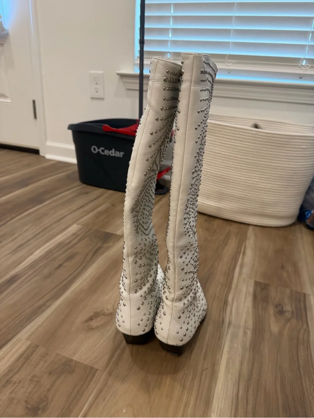 Studded White Pointed-Toe Knee-High Boots